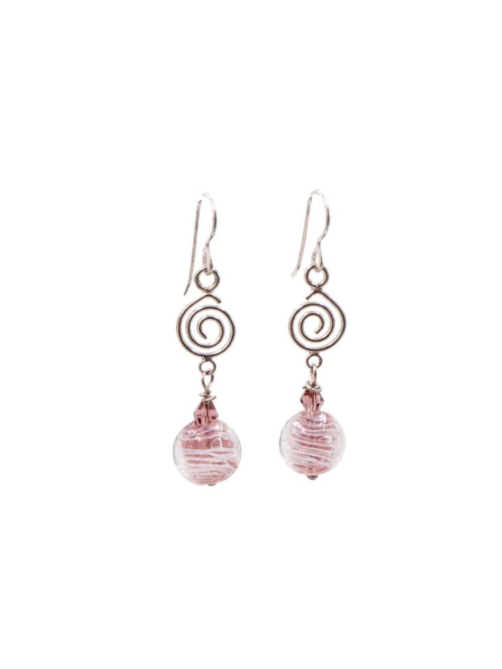 Sterling Silver Pink Murano Glass Dangle Earrings 2 Inch Spiral Drop Earrings